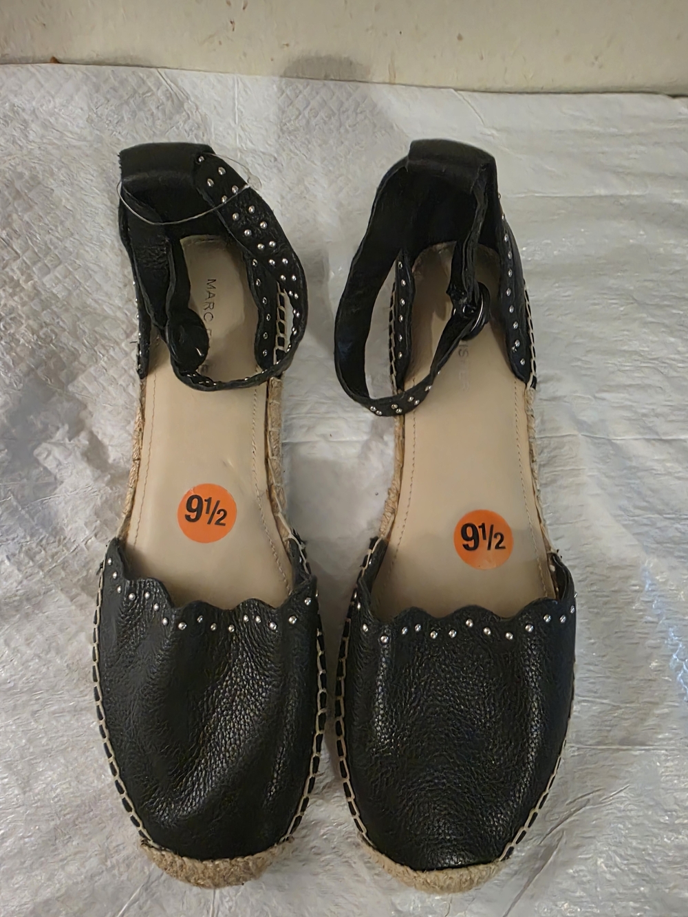 Marc Fisher Black Leather Espadrille Flats with Ankle Tie and Stud Detail